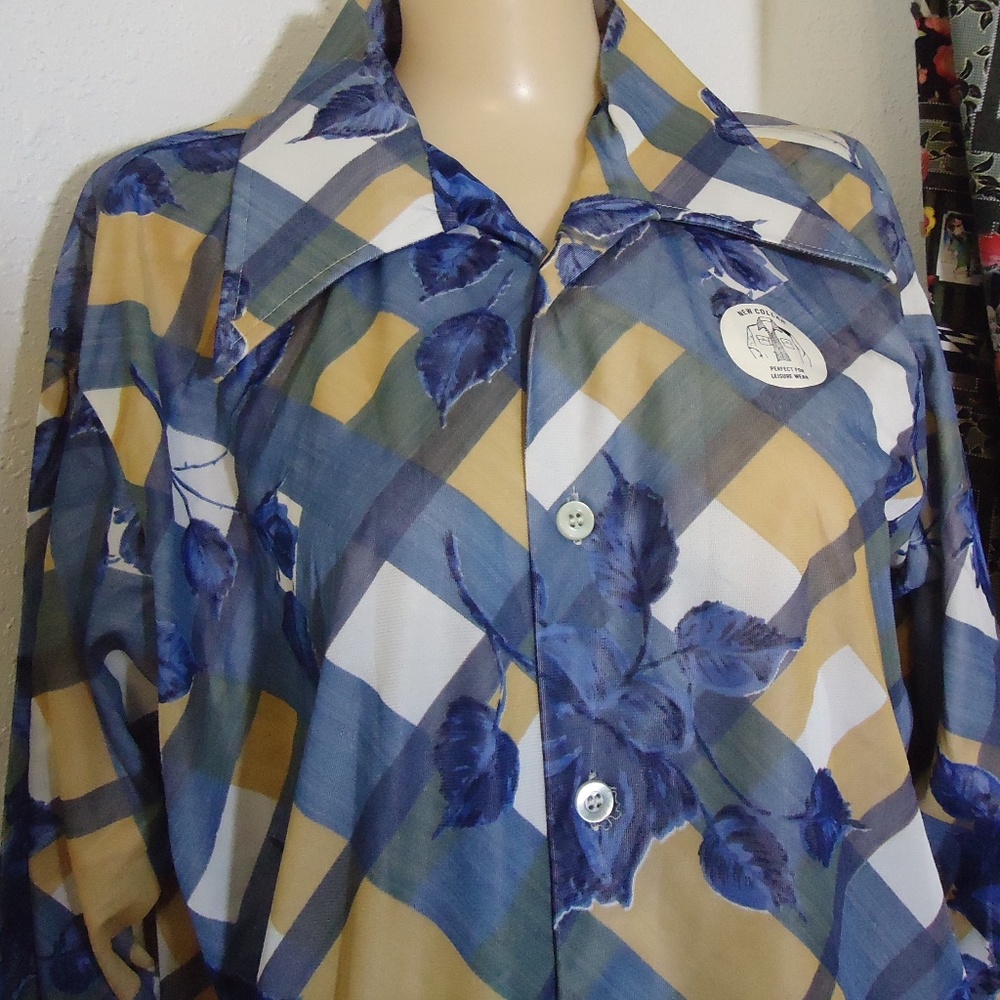 NOS Vtg 70s Disco Big Collar Dance Shirt Blue Gold